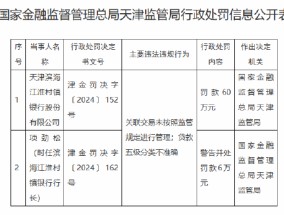 天津滨海江淮村镇银行被罚60万元：因关联交易未按照监管规定进行管理 贷款五级分类不准确